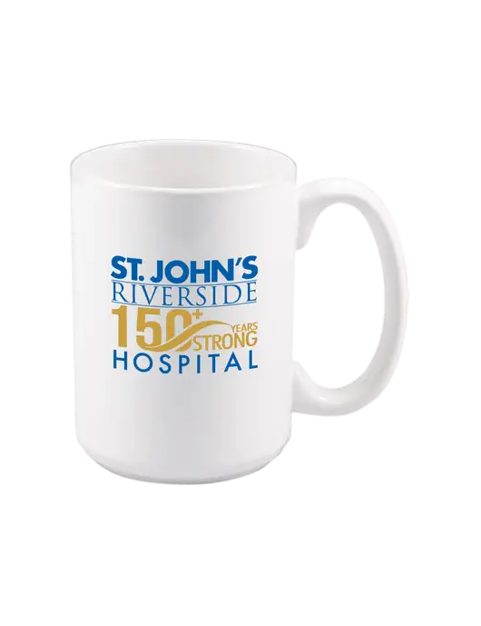 15 oz White Ceramic Mug w/St. John's 150+ Logo
