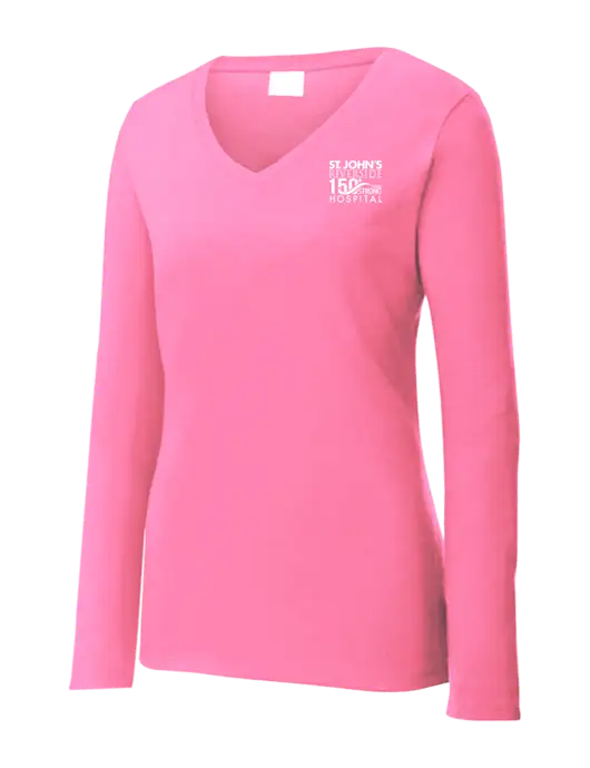 Womens  V-Neck Ring Spun Pink 4.5 oz Long Sleeve T-Shirt w/St. John's 150+ Logo