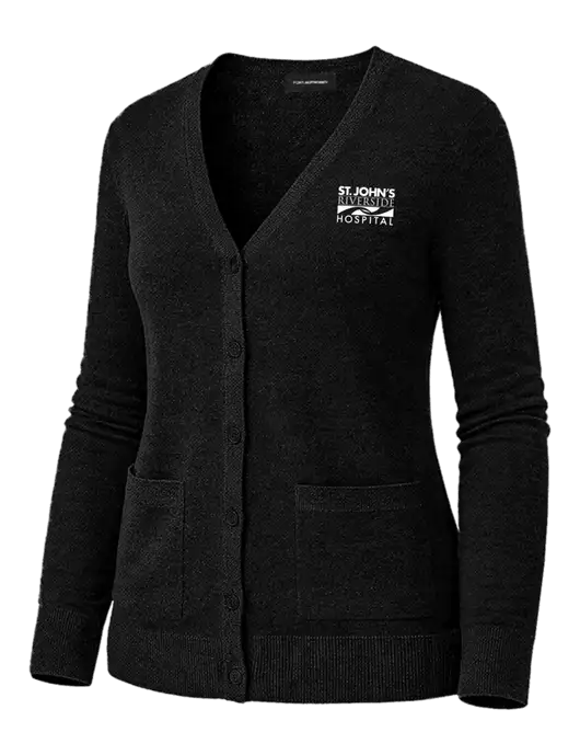 Womens Black Washable V-neck Cardigan Sweater w/St. John's Riverside Logo