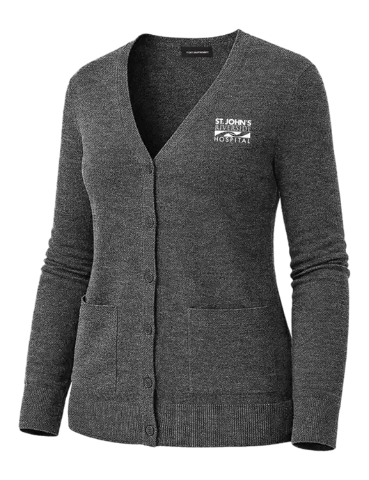 Womens Charcoal Heather Washable V-neck Cardigan Sweater w/St. John's Riverside Logo
