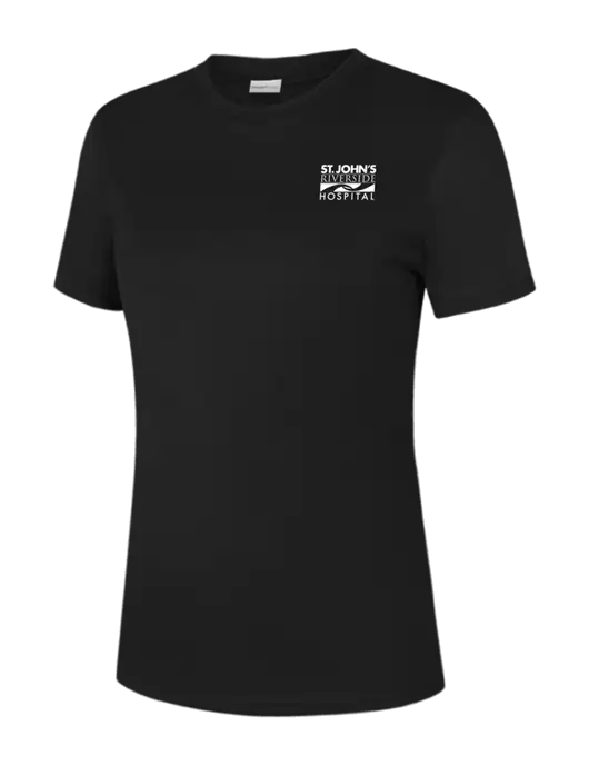  Womens Black PosiCharge Competitor Tee w/St. John's Riverside Logo