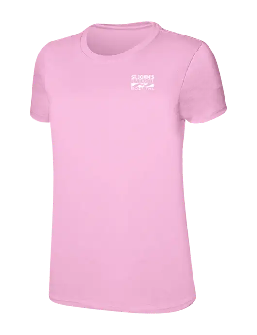 Womens Ring Spun Candy Pink 4.5 oz T-Shirt w/St. John's Riverside Logo