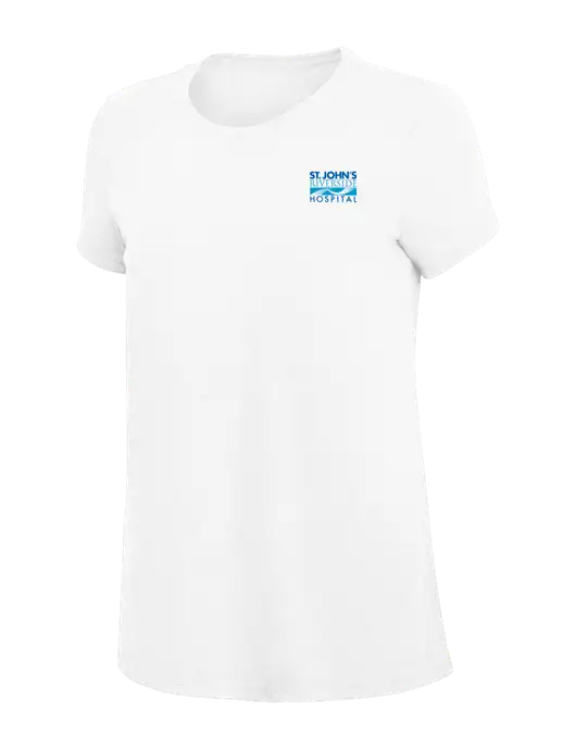 Womens Simply Soft White 4.5oz Poly/Combed Ring Spun Cotton T-Shirt
 w/St. John's Riverside Logo
