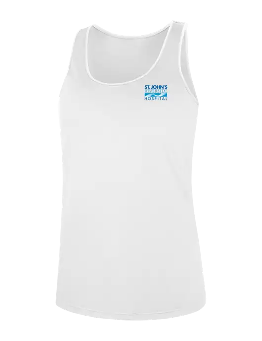 Womens White Perfect Tri Racerback Tank w/St. John's Riverside Logo