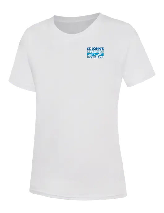 Womens White Core Blend Tee w/St. John's Riverside Logo