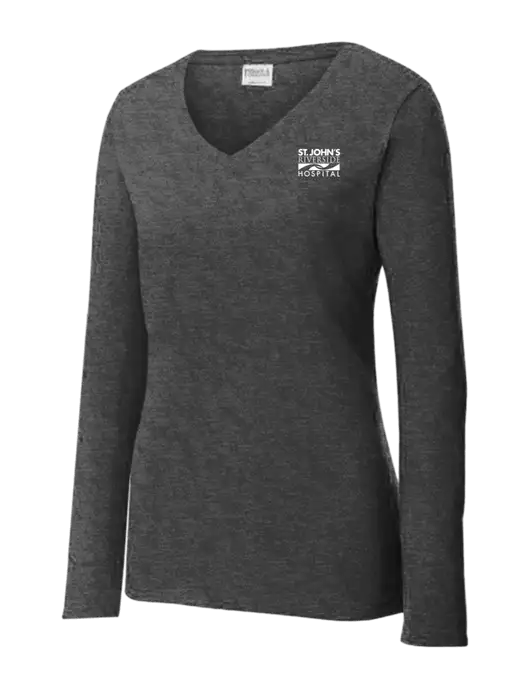 Womens  V-Neck Ring Spun Dark Heather Grey 4.5 oz Long Sleeve T-Shirt w/St. John's Riverside Logo