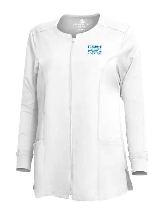 Wink Womens White Premiere Flex Full-Zip Scrub Jacket w/St. John's Riverside Logo