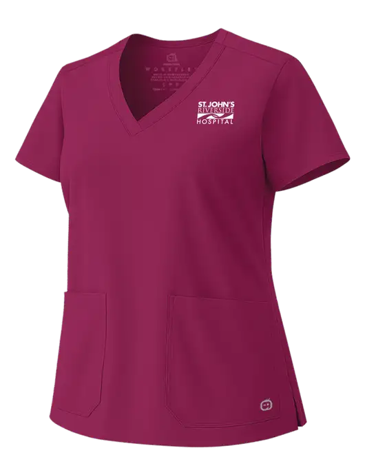 Wink Dark Fuchsia Womens WorkFlex V-Neck Top w/St. John's Riverside Logo