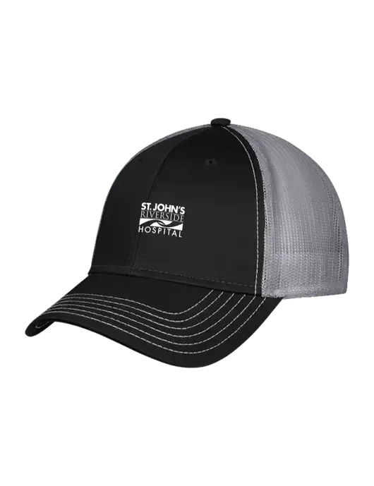Black/Medium Dark Grey Mesh Trucker Cap Snap Back w/St. John's Riverside Logo