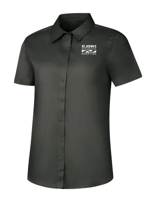 Womens Dark Grey Short Sleeve Superpro React Twill Shirt w/St. John's Riverside Logo