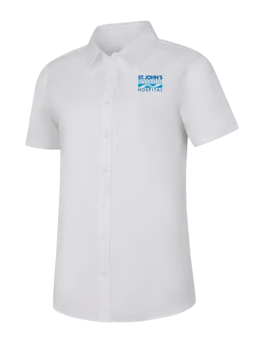 Womens White Short Sleeve Superpro React Twill Shirt w/St. John's Riverside Logo