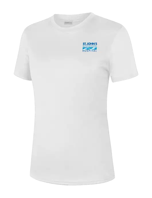  Womens White PosiCharge Competitor Tee w/St. John's Riverside Logo