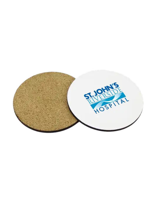 Gloss White Hardboard Round Coaster w/Cork Back, 3.75 w/St. John's Riverside Logo