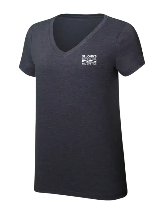 Womens Simply Soft V-Neck Heather Charcoal 4.5oz  Poly/Combed Ring Spun Cotton T-Shirt w/St. John's Riverside Logo