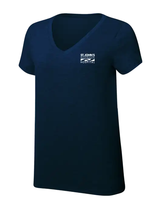 Womens Simply Soft V-Neck New Navy 4.5oz  Poly/Combed Ring Spun Cotton T-Shirt w/St. John's Riverside Logo