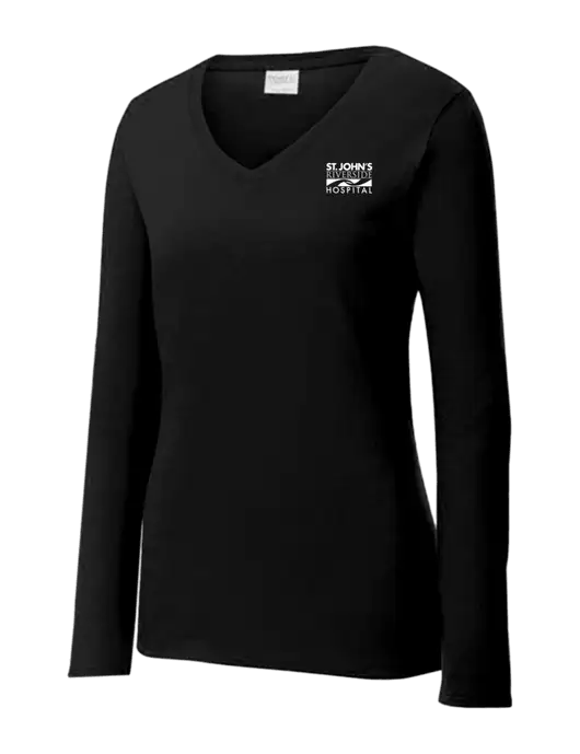 Womens V-Neck Ring Spun Jet Black 4.5 oz Long Sleeve T-Shirt w/St. John's Riverside Logo