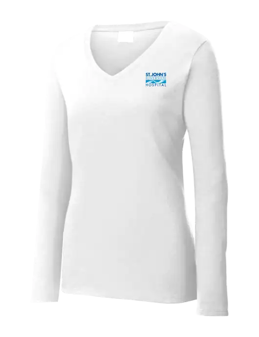 Womens  V-Neck Ring Spun White 4.5 oz Long Sleeve T-Shirt w/St. John's Riverside Logo
