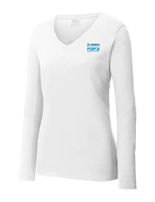 Womens  V-Neck Ring Spun White 4.5 oz Long Sleeve T-Shirt w/St. John's Riverside Logo